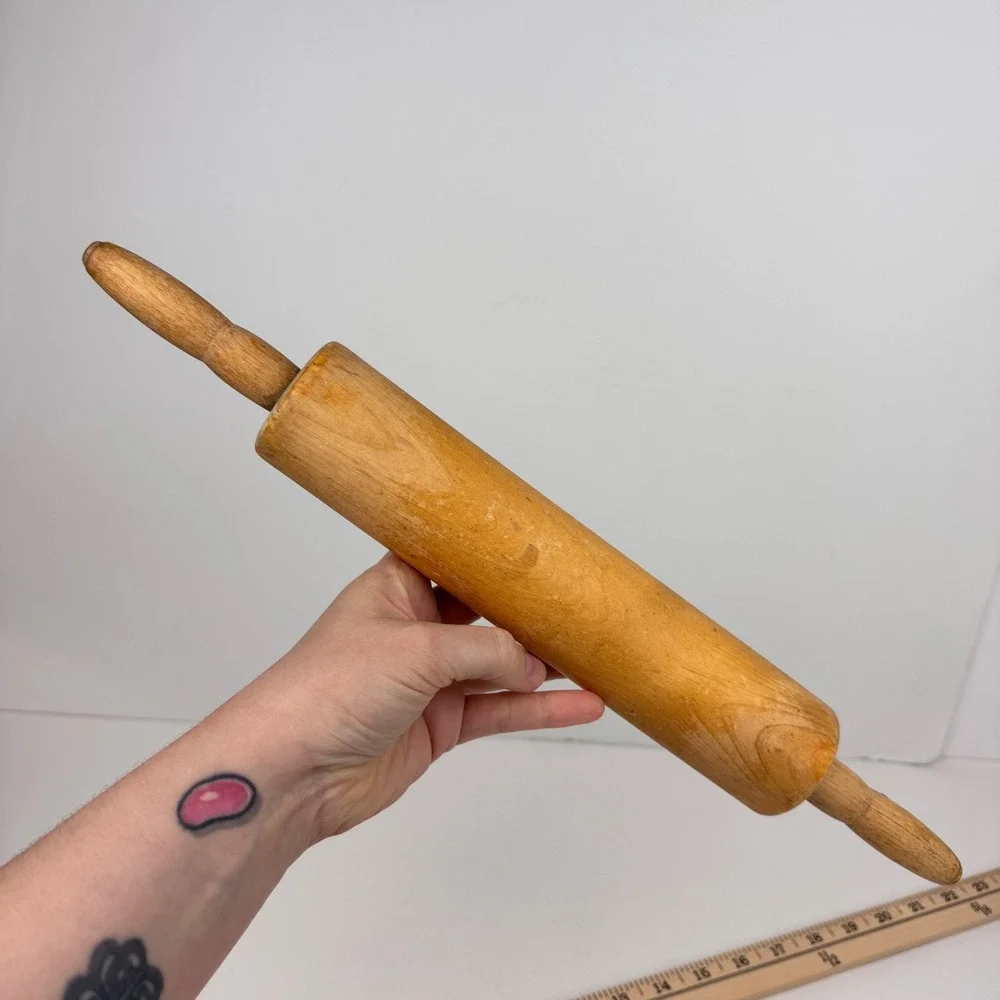 Vtg Wooden Rolling Pin w Handles tan cook baking Rustic Cottagecore grannycore